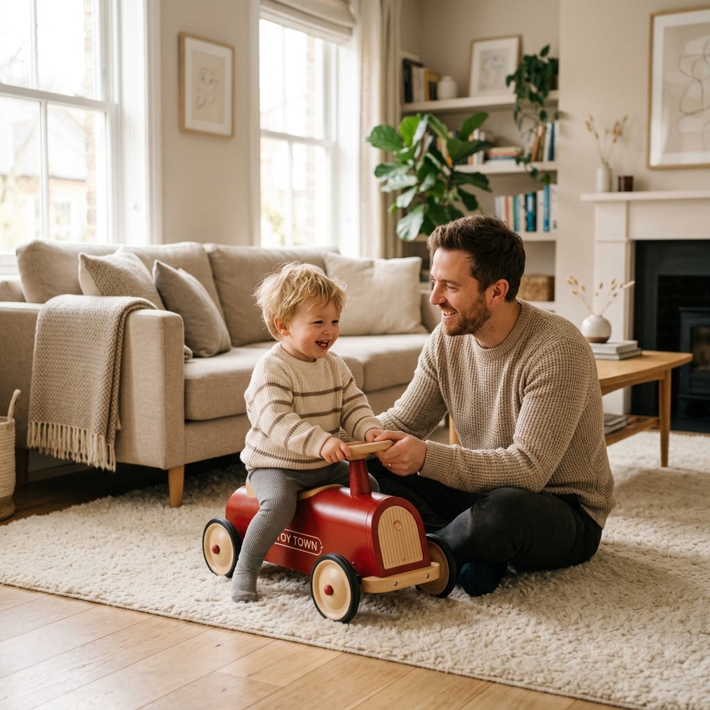 Happy family playing with toy ride-on car